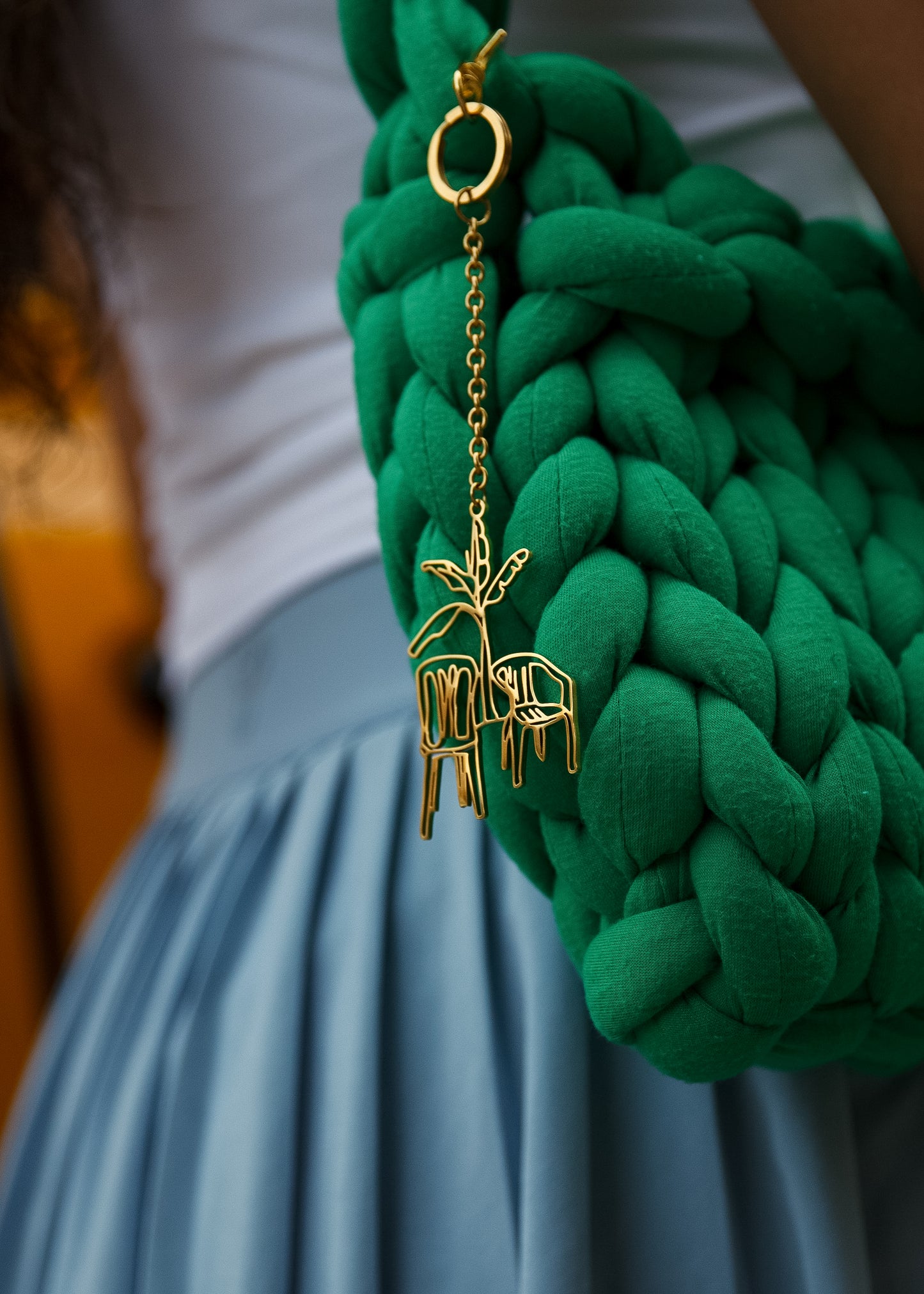 Stainless steel palm tree and plastic chairs bag charm inspired by Latin farms
