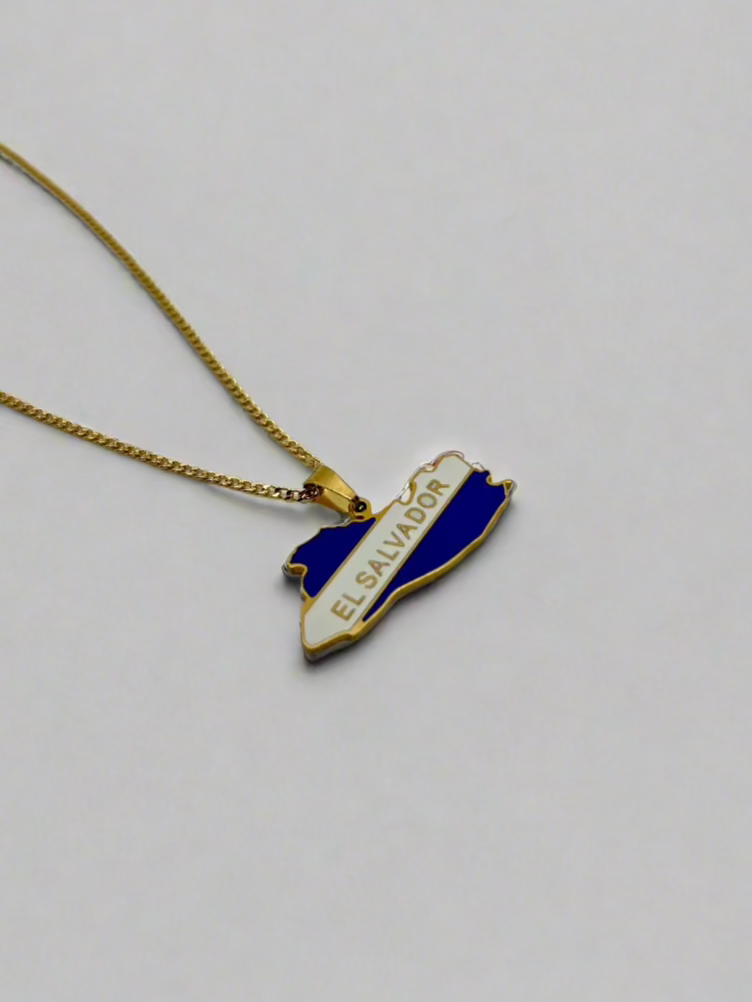 Close-up of El Salvador charm on gold chain – waterproof and tarnish-resistant