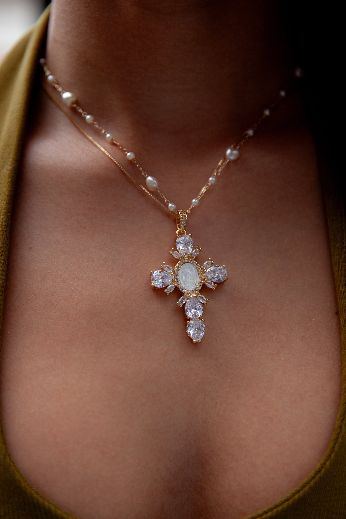 LARGE CROSS NECKLACE ON PEARL CHAIN THE SOURCED STUDIO