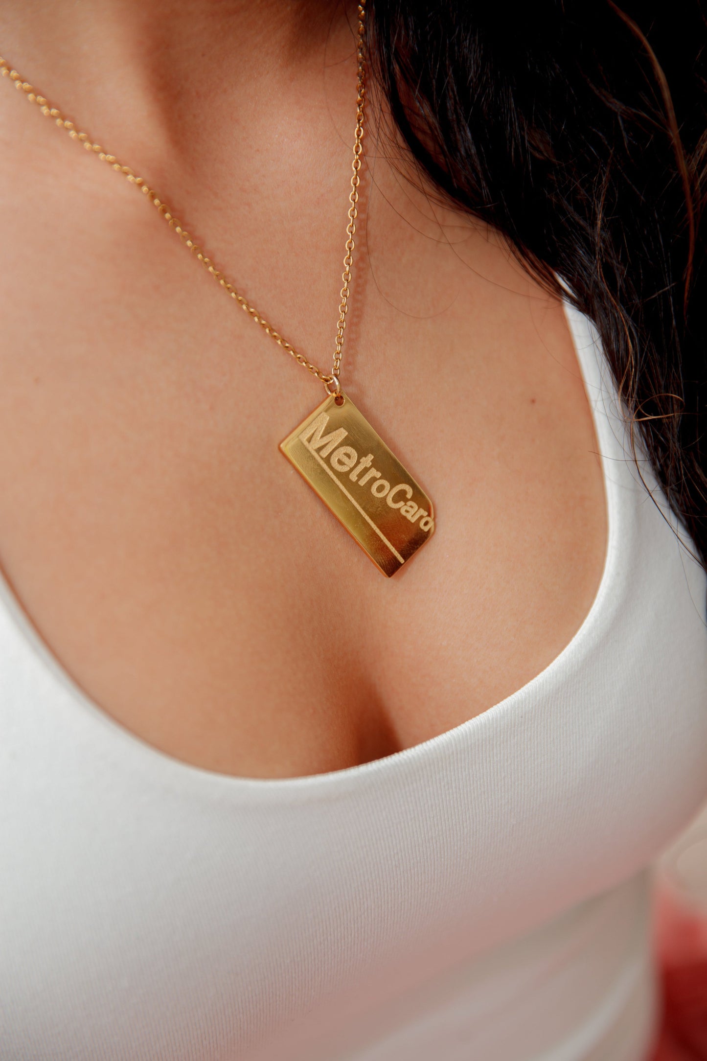 MetroCard necklace gold stainless steel engraved NYC subway pendant