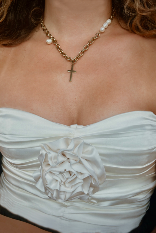 Gold and pearl beaded cross necklace with tarnish-free finish