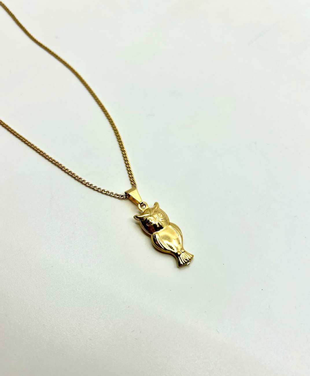 Flat lay of owl necklace on neutral background with jewelry tray