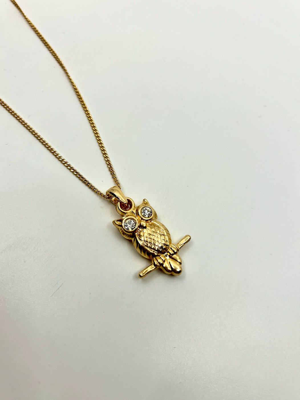 Flat lay of large owl necklace on neutral background with jewelry tray