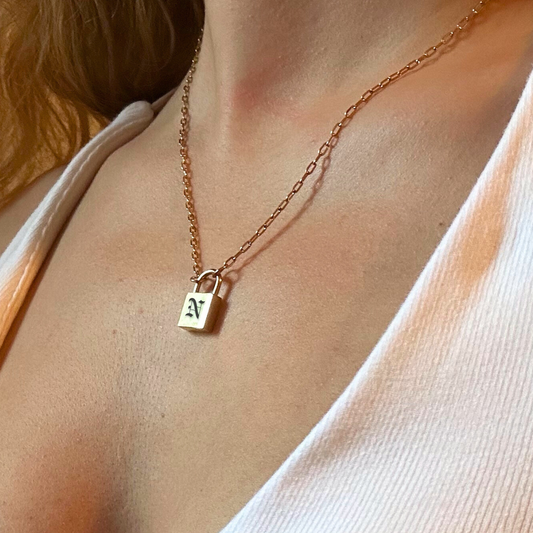 Small Lock Necklace, Engraved, Gold or Silver, Stainless Steel