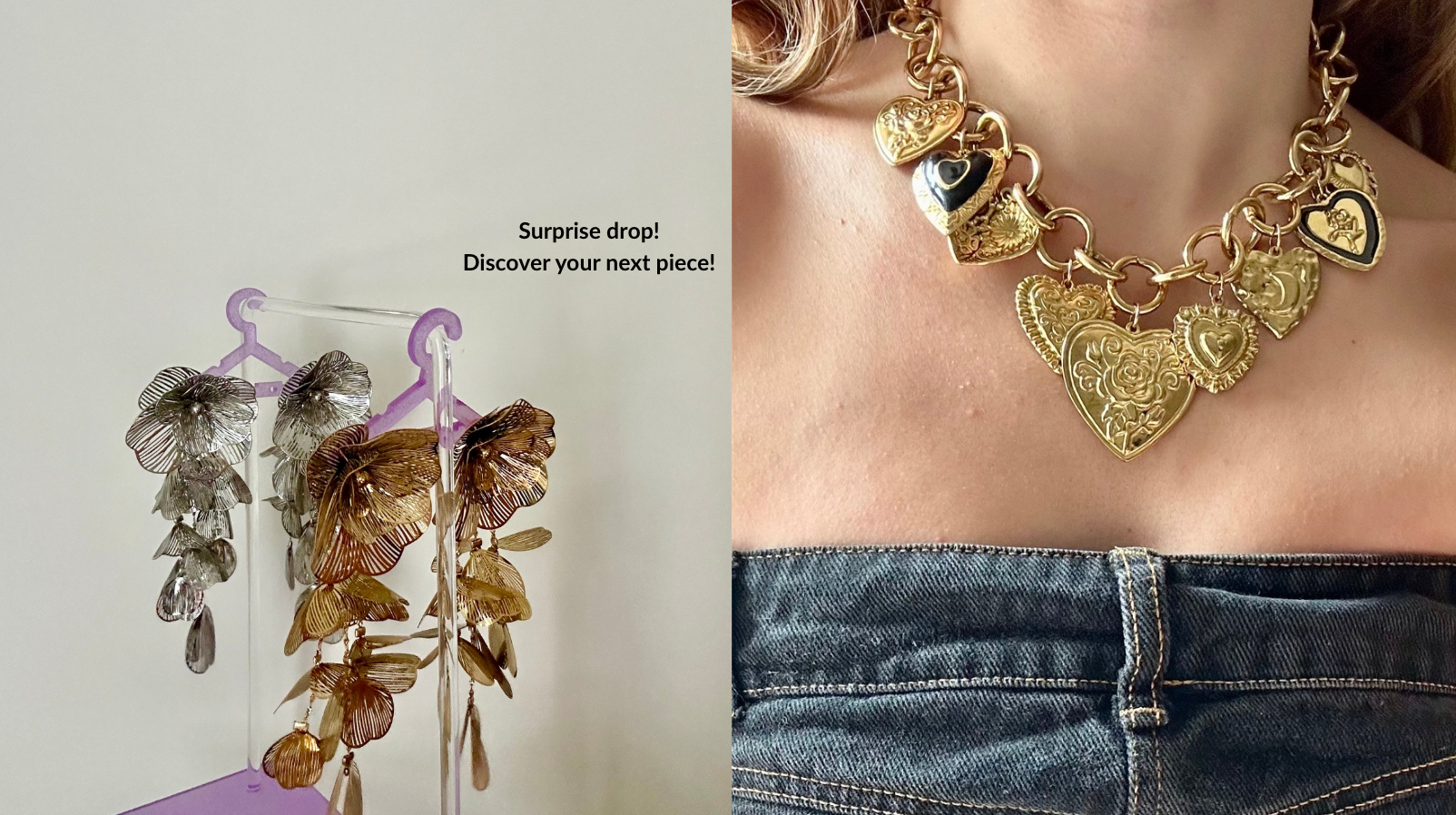 Jewelry display with earrings on a hanger and a close-up of a gold necklace.