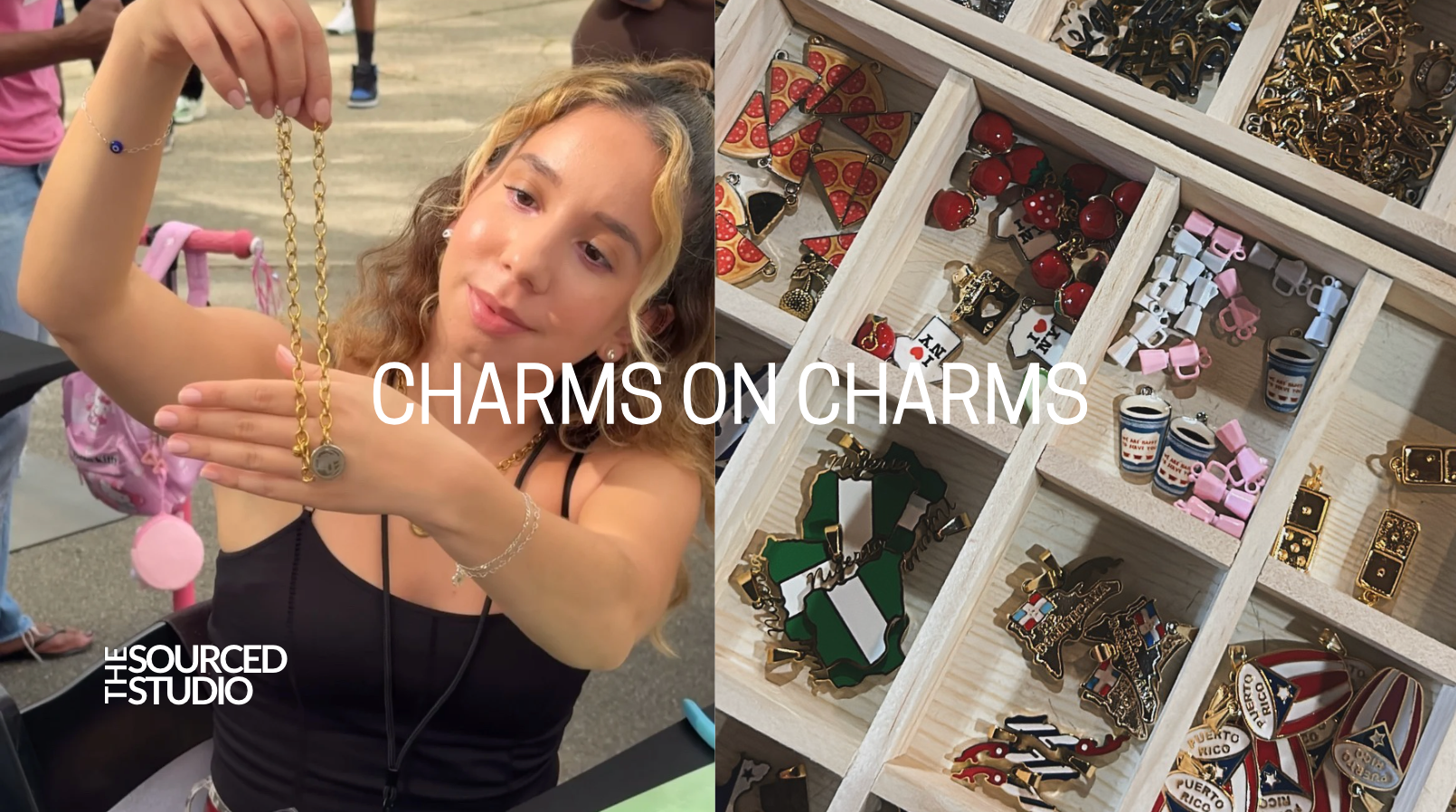 Woman holding a gold chain with 'Charms on Charms' text overlay, alongside jewelry display case.