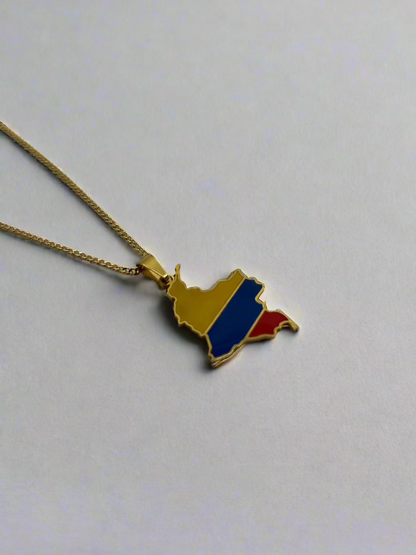 Colombian flag pendant necklace flat lay with gift packaging