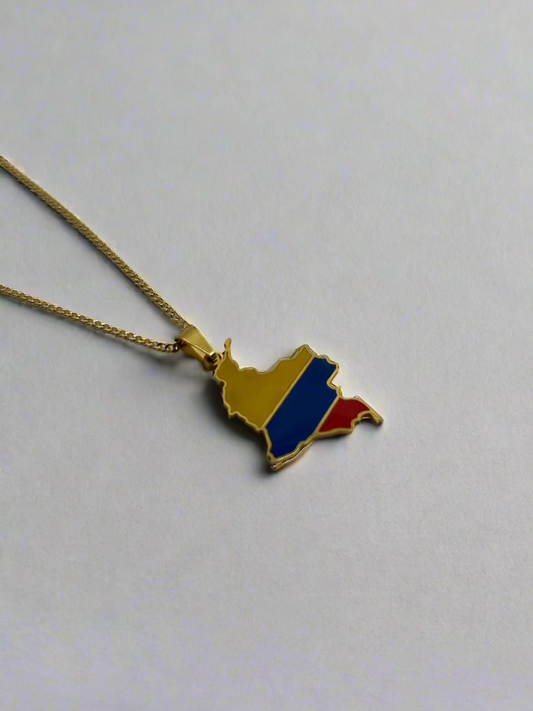 Colombian flag pendant necklace flat lay with gift packaging
