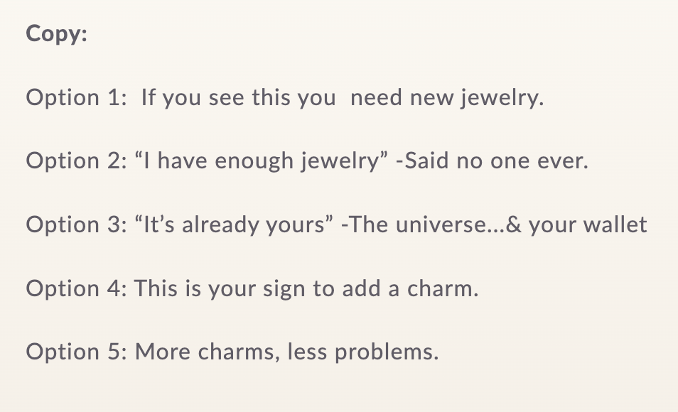 Text options for a jewelry message on a white background