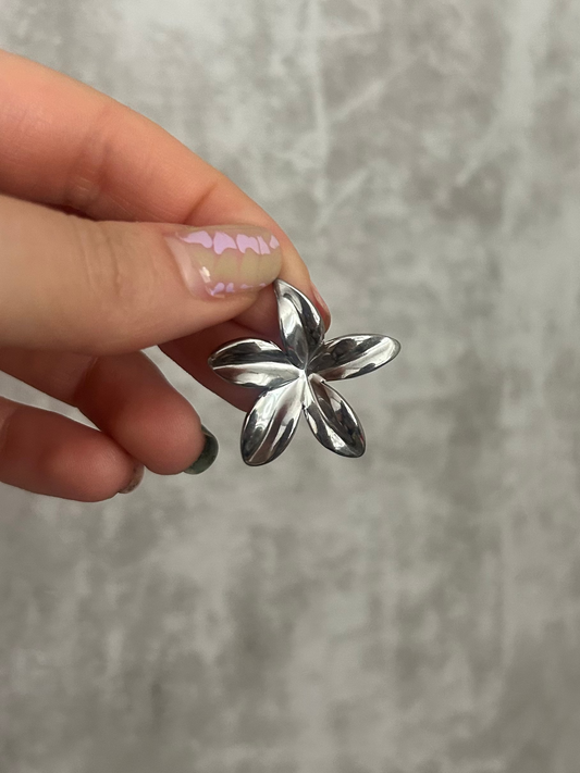 Hand holding a silver flower-shaped object against a gray background