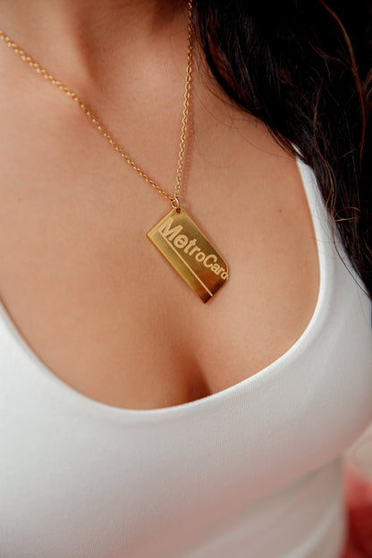 MetroCard necklace gold stainless steel engraved NYC subway pendant