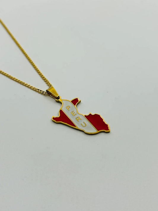 Red & White Peru Map Necklace on Gold Necklace