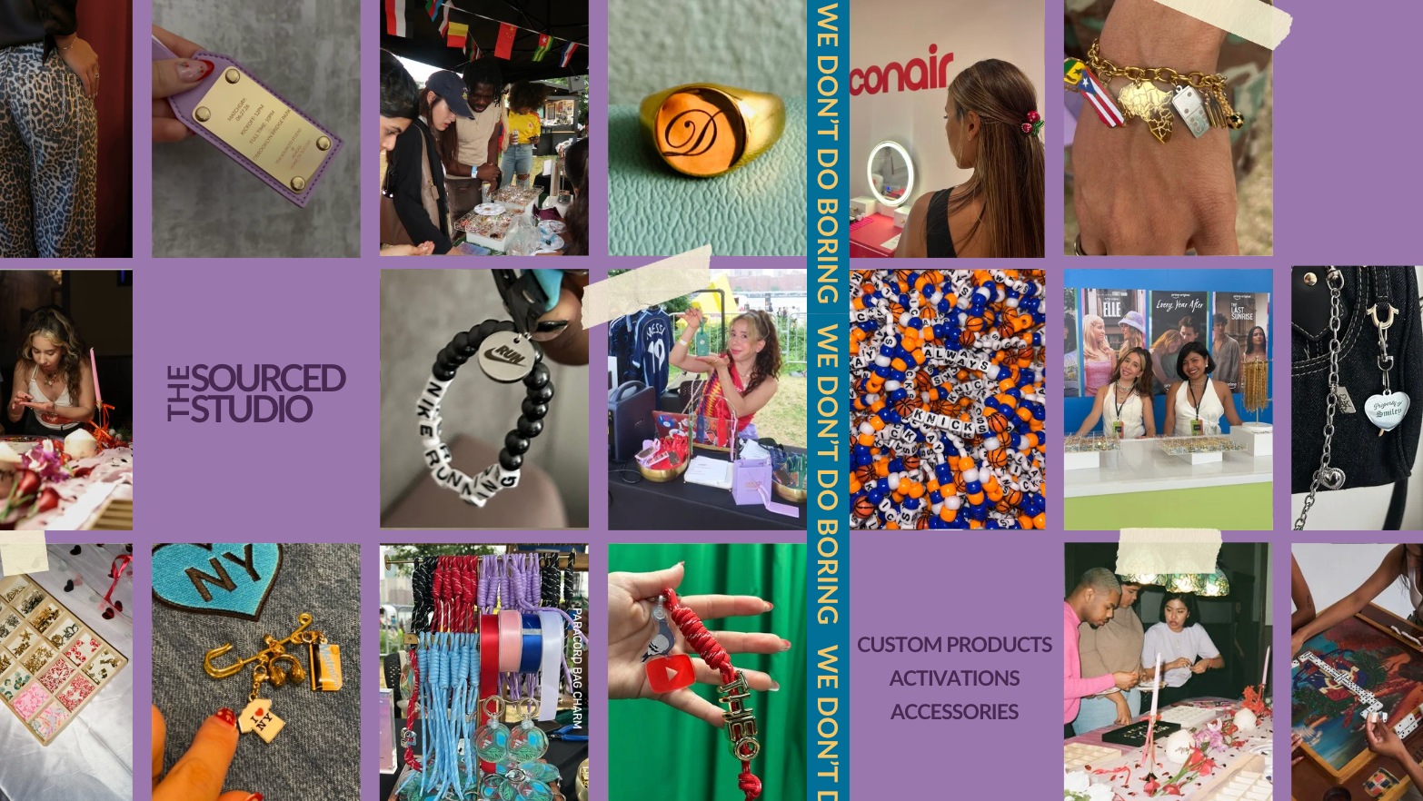 A collage-style promotional graphic with multiple photos of jewelry and accessories, overlaid with the text 'SOURCED FROM THE STUDIO' and 'WE DON'T DO BORING WE DON'T DO BORING WE DON'T DO BORING' with 'WE DON'T DO BORING' repeated vertically. The collage shows bracelets, rings, charms, beads, and other handmade jewelry in many colors, with some people and market scenes visible in the photos.