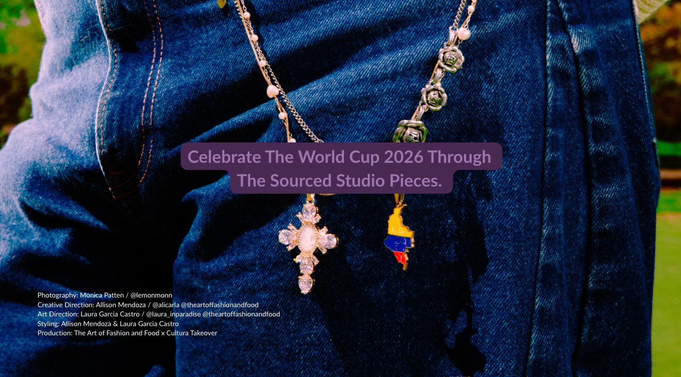Jewelry displayed on a person wearing blue jeans with promotional text overlay.