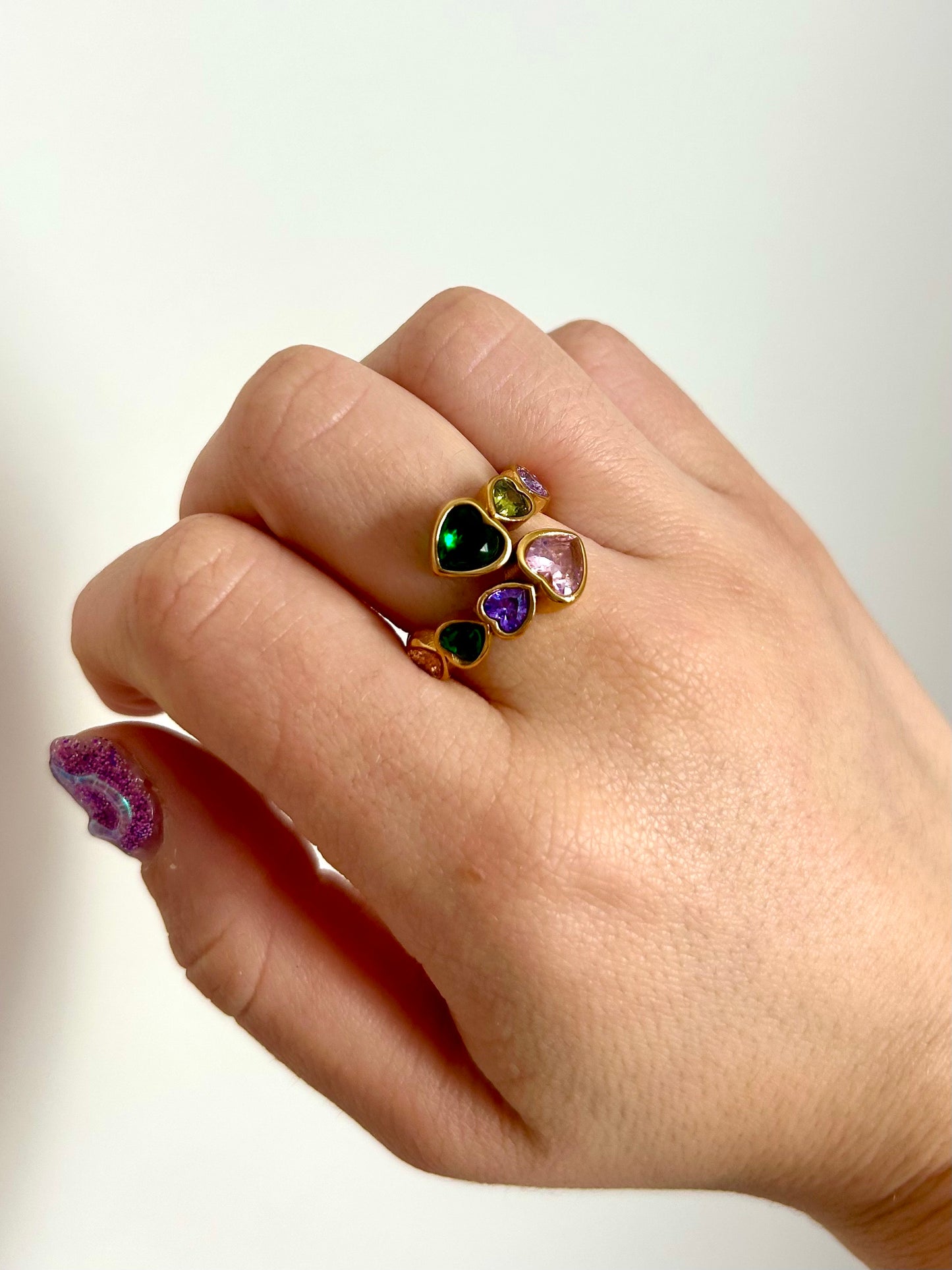 Gold adjustable heart-shaped ring with rainbow crystals – waterproof and tarnish-free