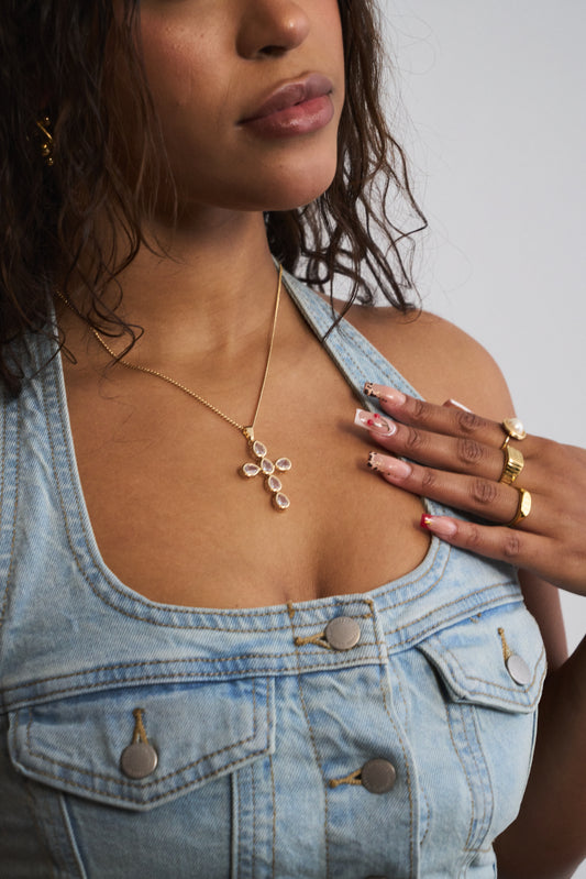 Gold crystal cross necklace with cubic zirconia