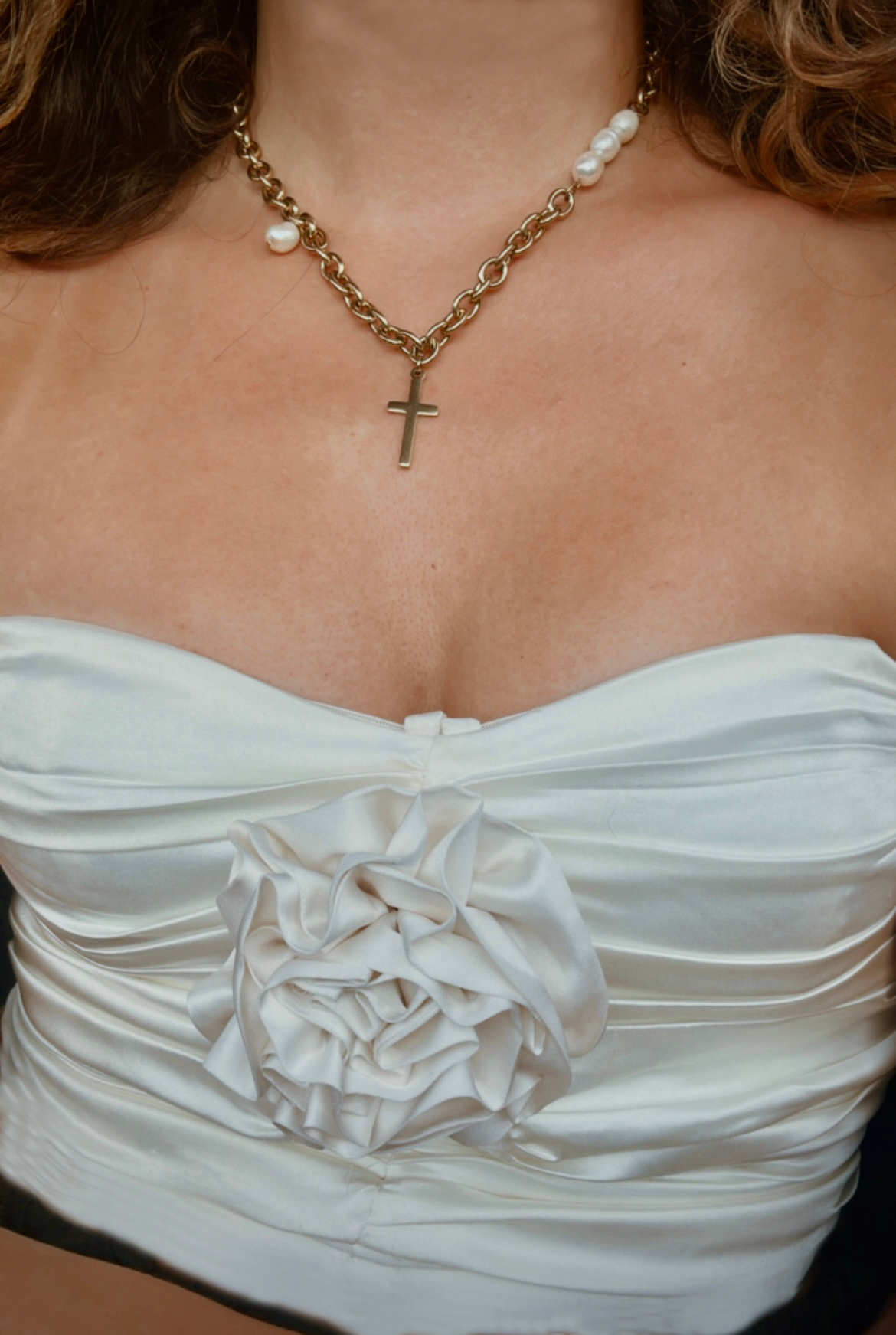 Gold and pearl beaded cross necklace with tarnish-free finish