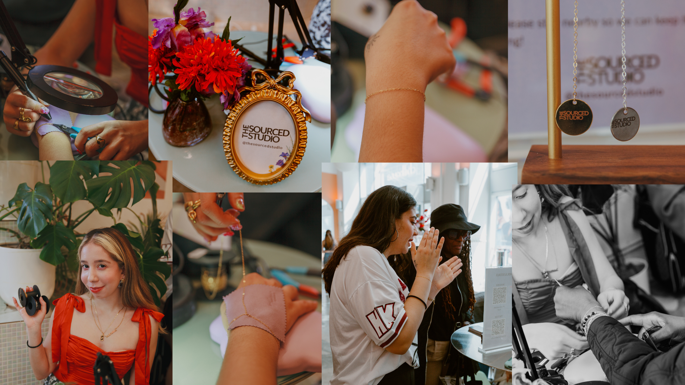 Collage of various images including a woman in a red dress, a person with a flower arrangement, and a branded product FOR PERMANENT JEWELRY