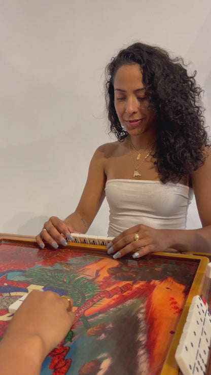 Layered Caribbean jewelry – waterproof DR map necklace at domino table 
